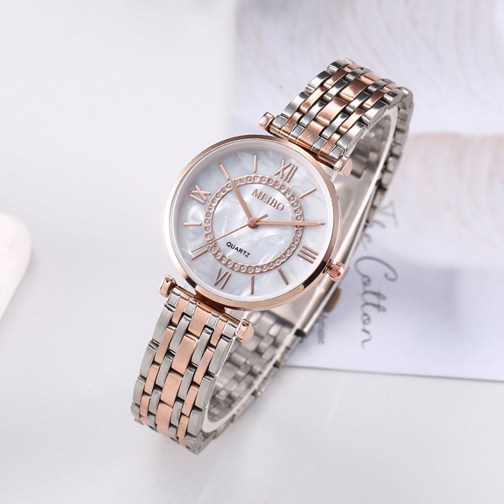 Eclat Newyork Women's Casual Watch with alloy steel strap, diamond-embedded design, and simple Roman numeral face.